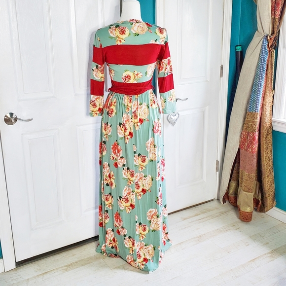Reb & J Maxi Dress Vintage Floral Aqua  Green Red Elastic Waist NWOT Medium - Picture 12 of 16
